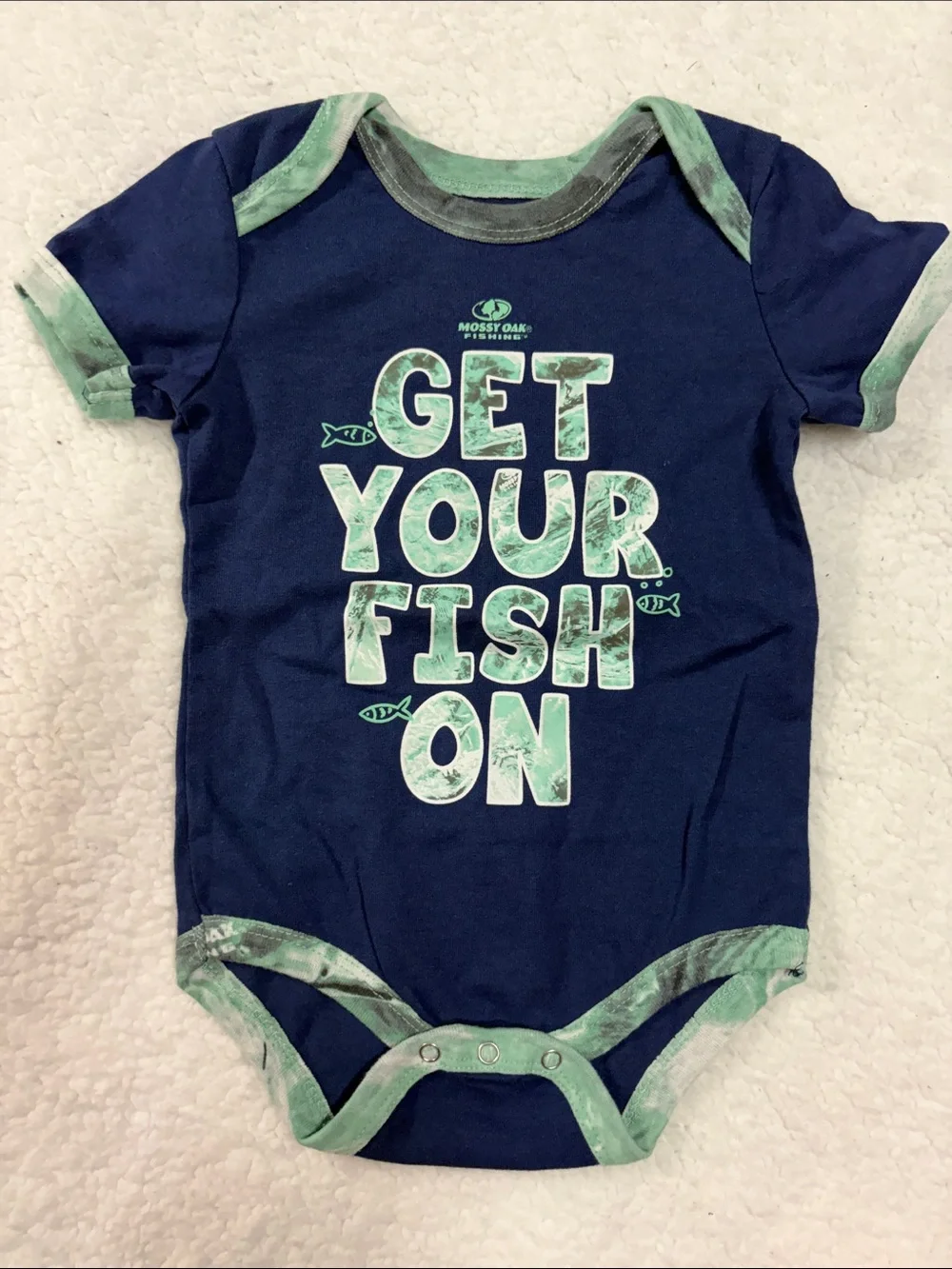 Mossy Oak 6-9 month Navy and Green Baby Fishing Onesie